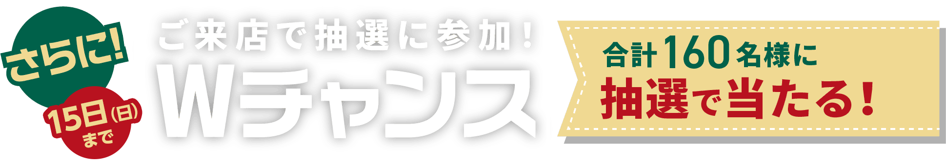 さらにご来店で抽選に参加! Wチャンス 合計160名様に抽選で当たる！